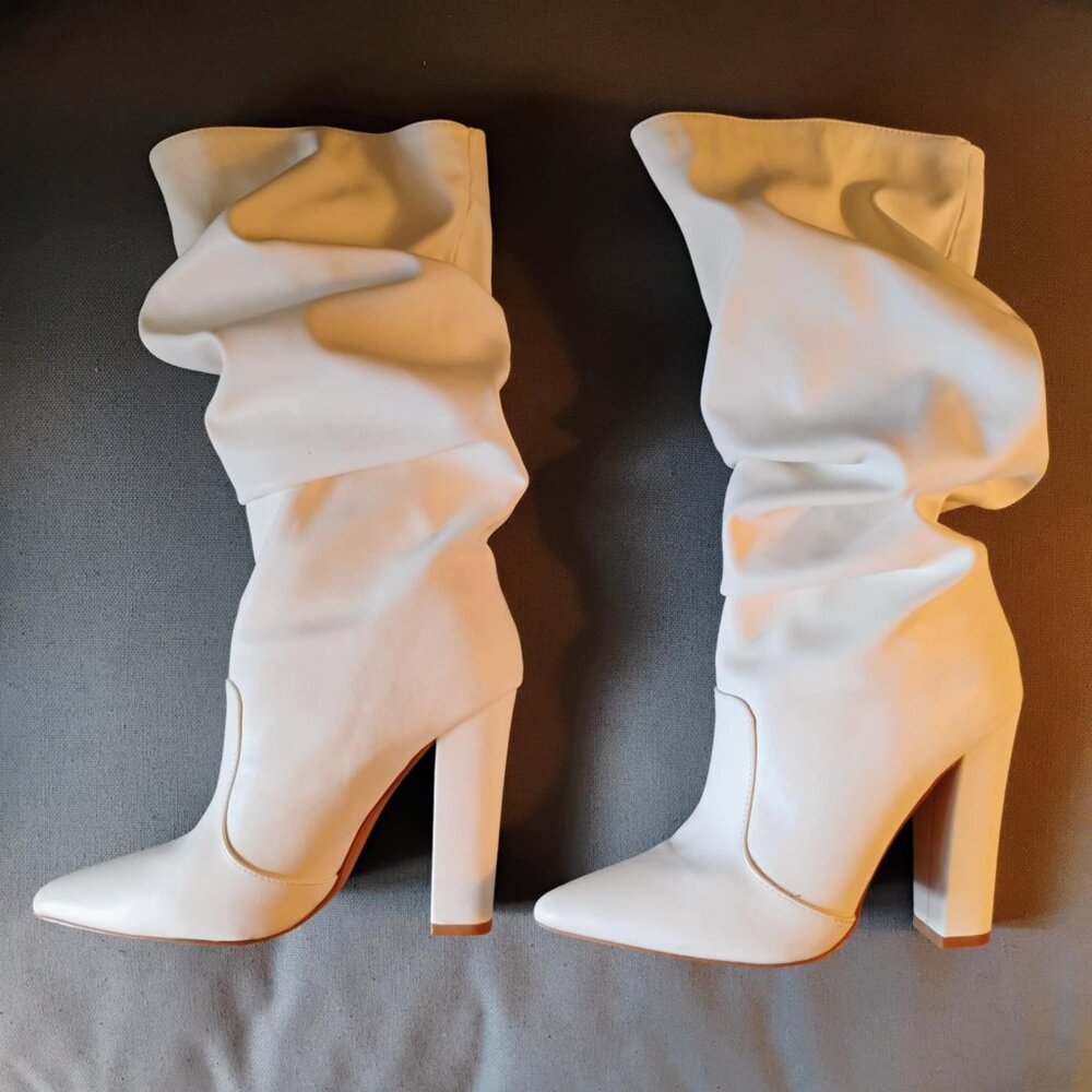 White vegan leather slouch boot, size 6.5
